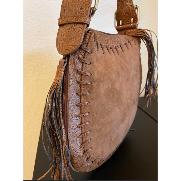 NEW - Western Saddle Shoulder Bag -Fringe -Tooled- Faux Leather/Suede - Picture 2 of 13